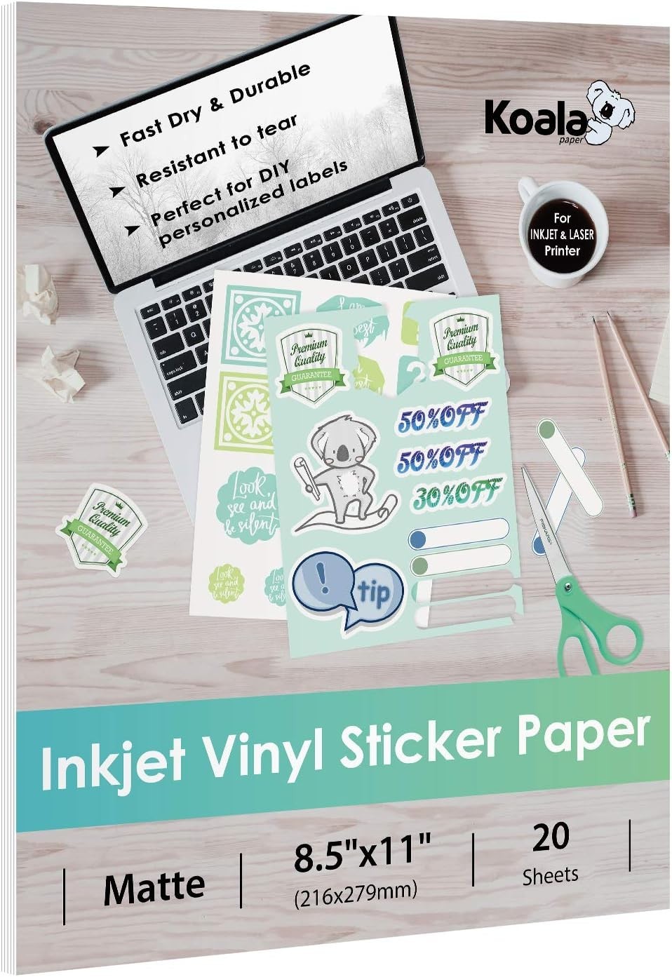 Koala Printable Vinyl Sticker Paper for Inkjet Printer – 20 Sheets Matte Whit…