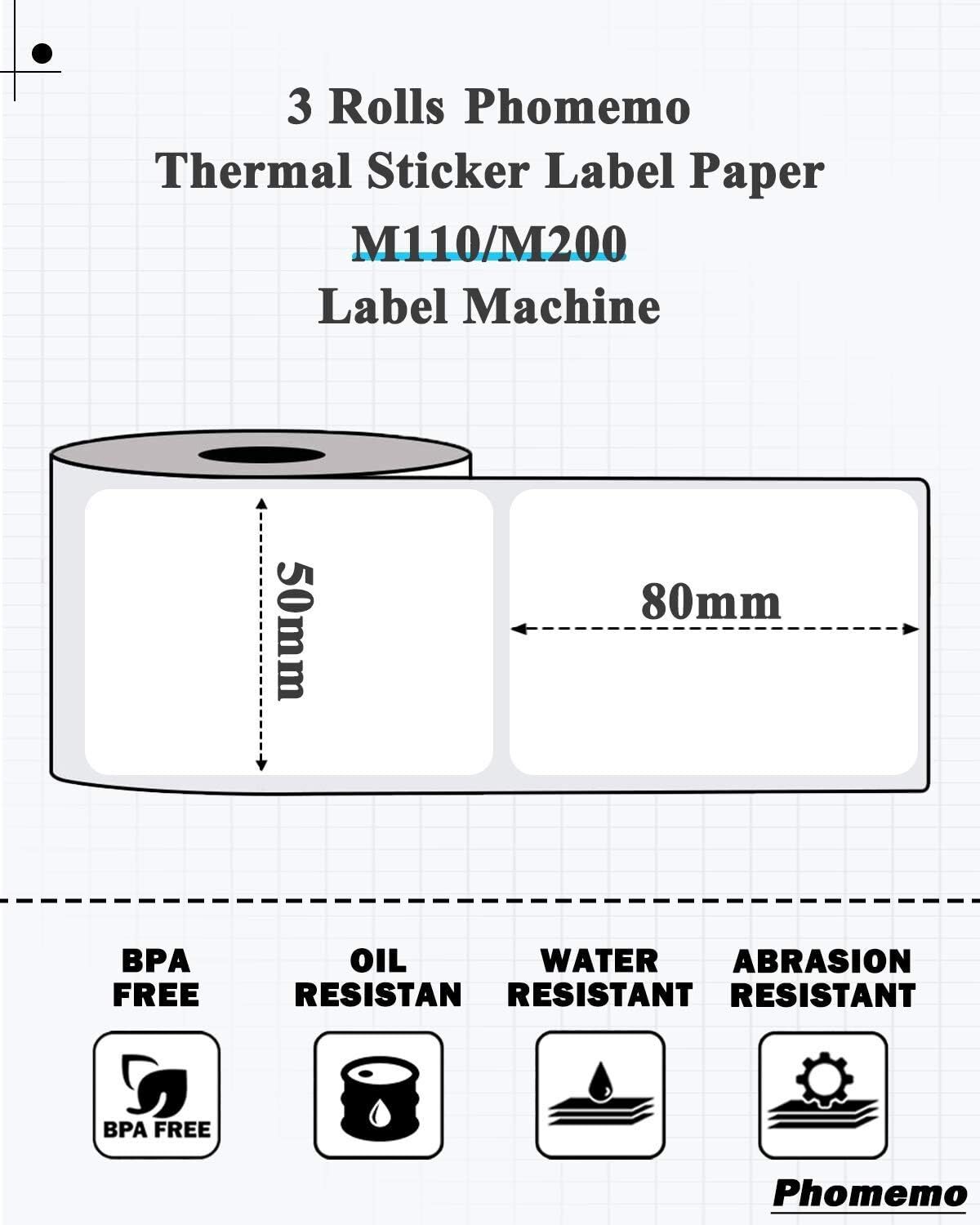 5Roll 50*80mm Sticker Label Adhesive Tag Paper for Phomemo M110/M200 Printer