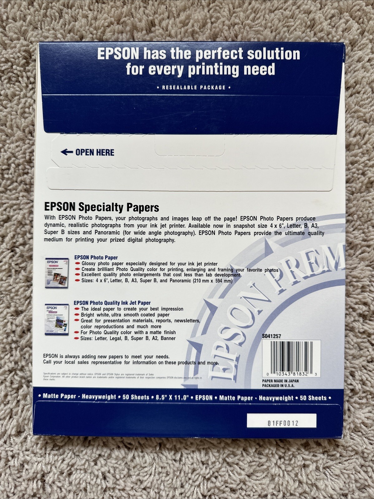 Epson S041257 Matte Paper Heavyweight Letter 8.5″ X 11″ – 50 Sheets