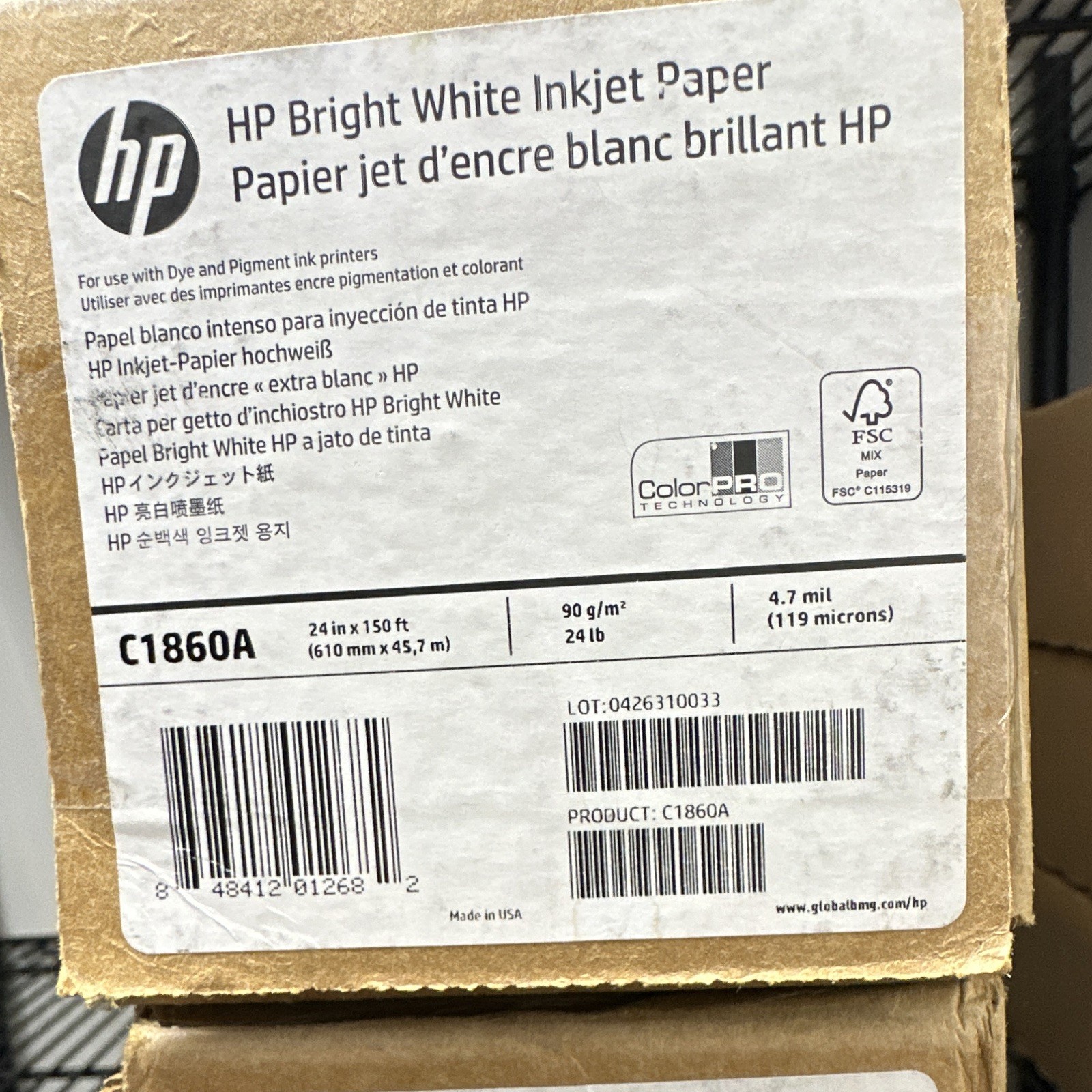 HP Bright White Inkjet Paper Roll C1860A 24 in x 150 ft 90 g/m²
