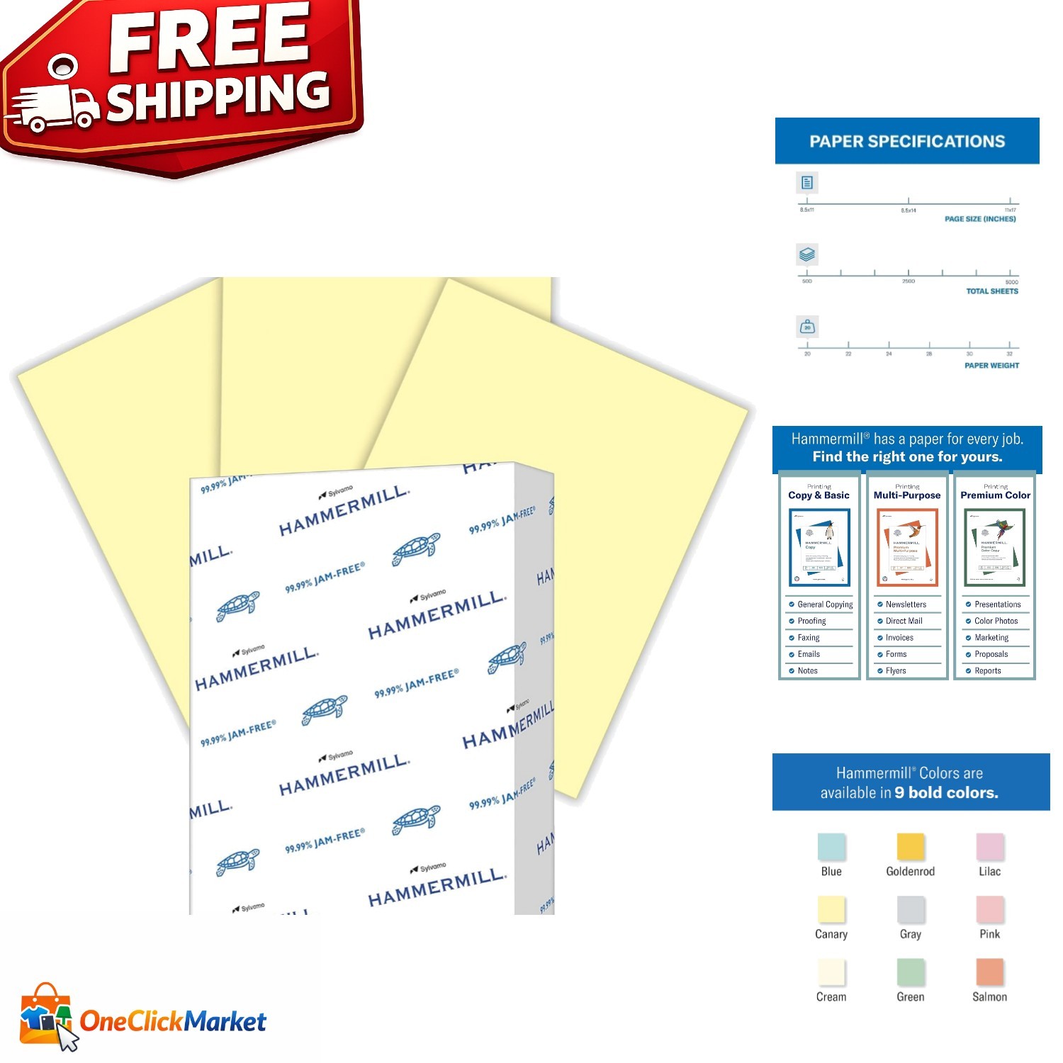 High-Quality 20 lb Canary Printer Paper – 500 Recyclable Sheets, Smooth Finish