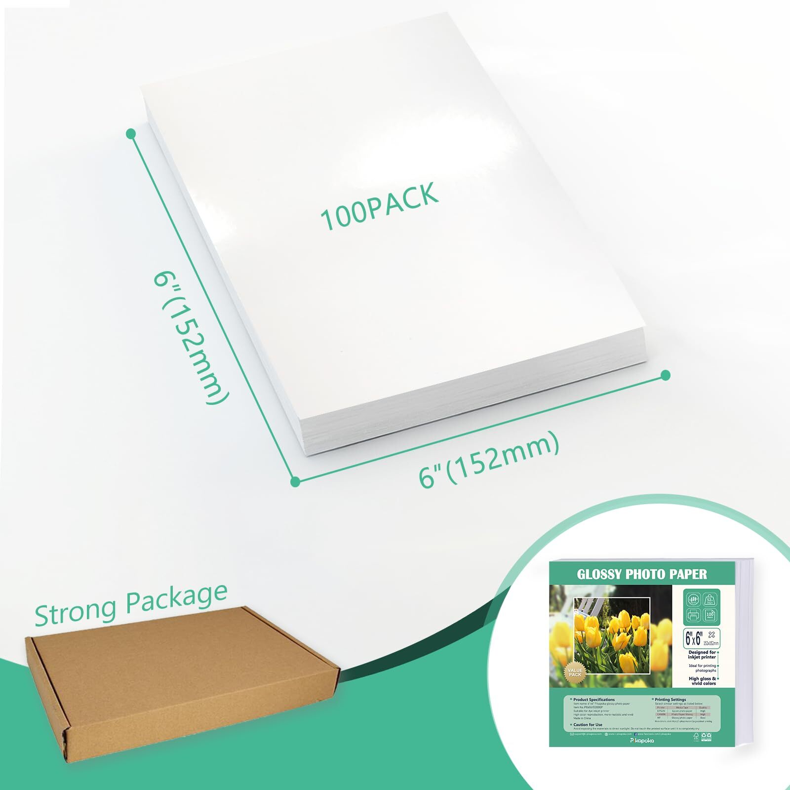 100 Pack 6×6 Glossy Photo Paper 52lb Square 200gsm Dye Inkjet Printer Set