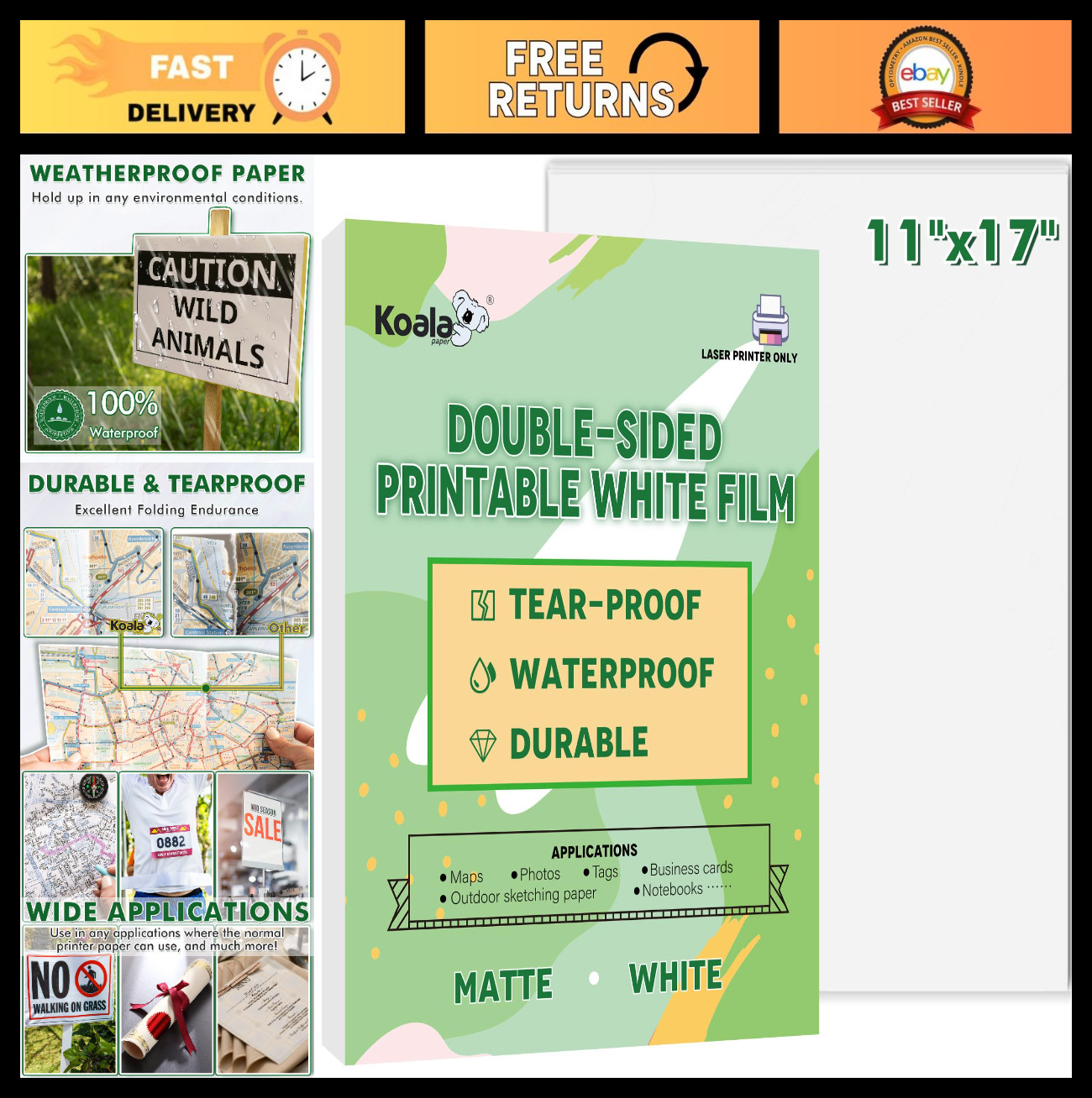 Waterproof Laser Printer Paper 11×17″ – Tearproof Matte Double-Sided Film, 25 Sh