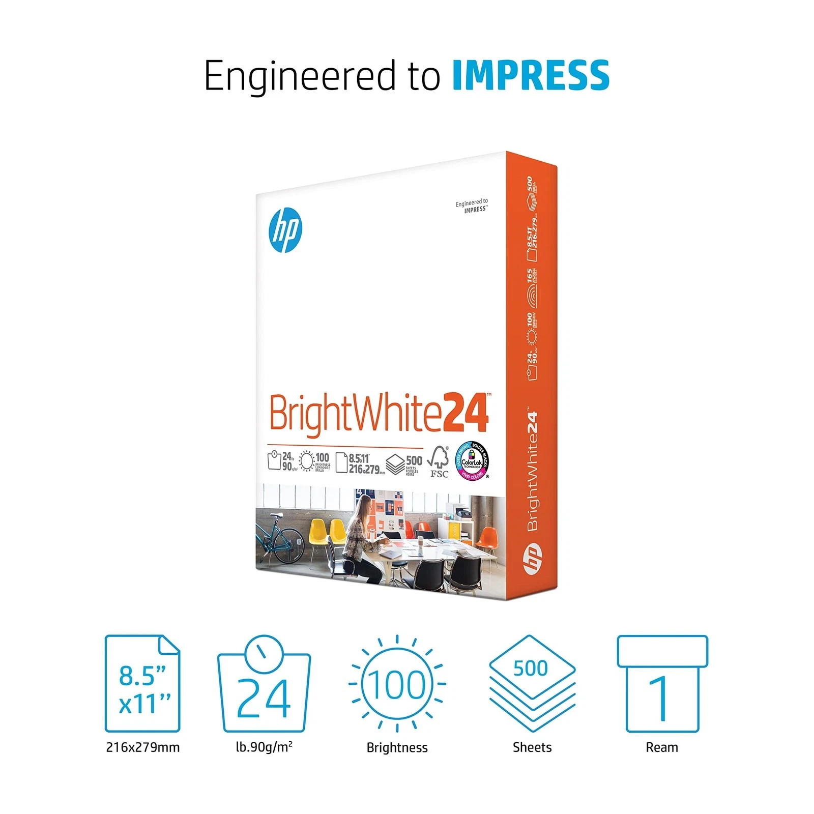 HP Paper Printer Paper 8.5×11 BrightWhite 24 lb 1 Ream 500 Sheets 100 Bright