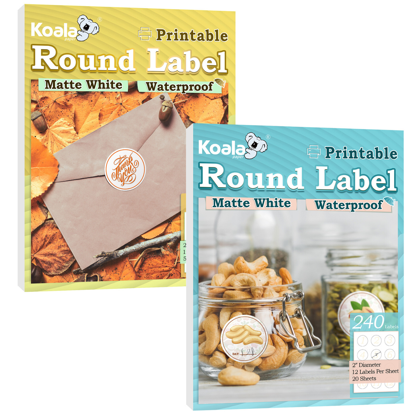 Koala Round Label 2 In, Waterproof Sticker Paper for Inkjet / Laser Matte White