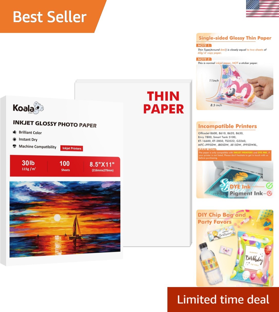 8.5×11 Inkjet Paper with Smooth Glossy Finish – 100 Sheets, DYE INK Required