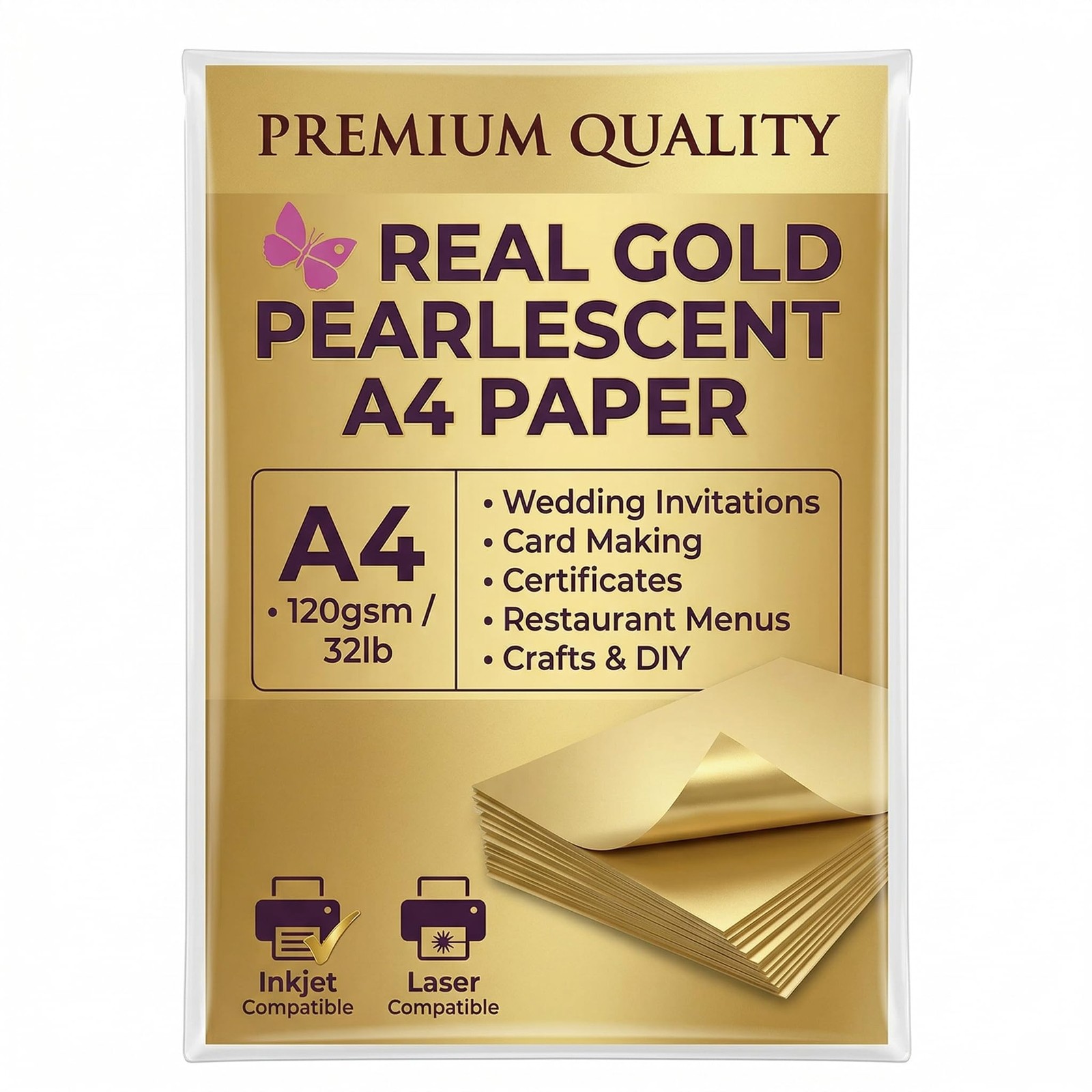 Metallic Gold Paper A4 120gsm Double-Sided, 20 Sheets, Origami