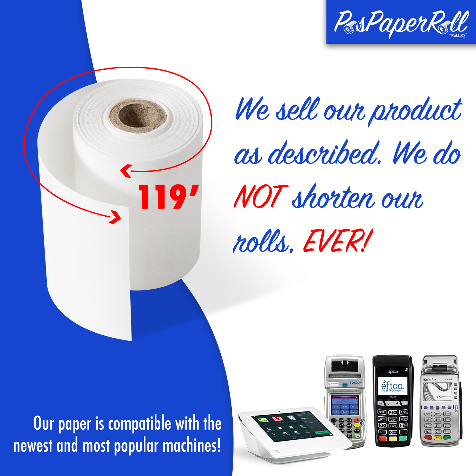 50 Roll 3 1/8″ x 119′ Thermal Cash Register Paper First Data FD100 FD200 FD300
