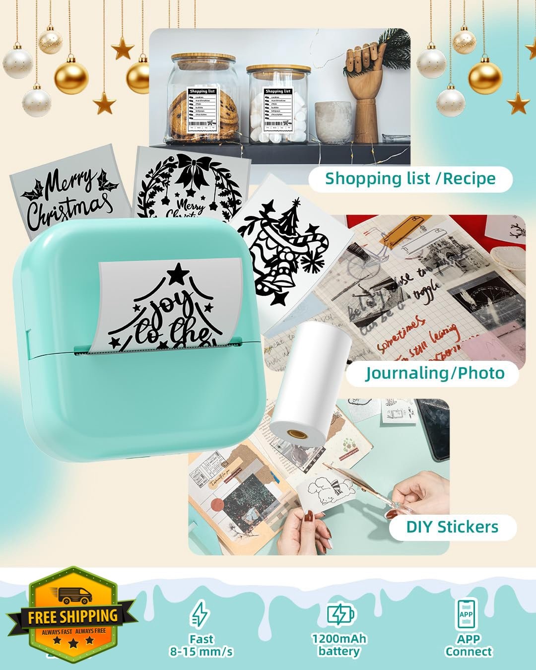 WCZ Mini Sticker Printer Green + 1 Roll Paper