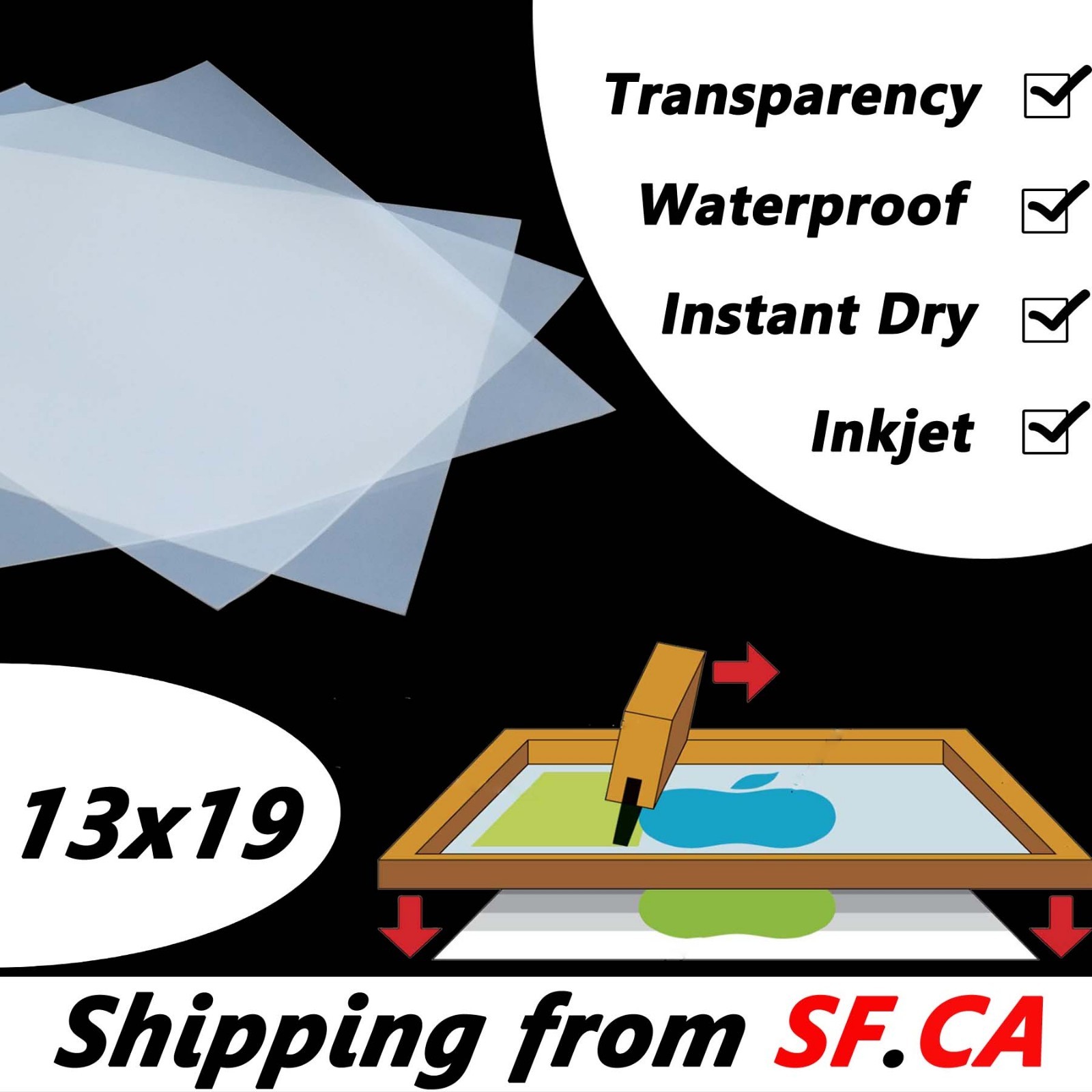 13×19，Waterproof Inkjet Instant-Dry Screen Printing Transparency Film 100 sheets