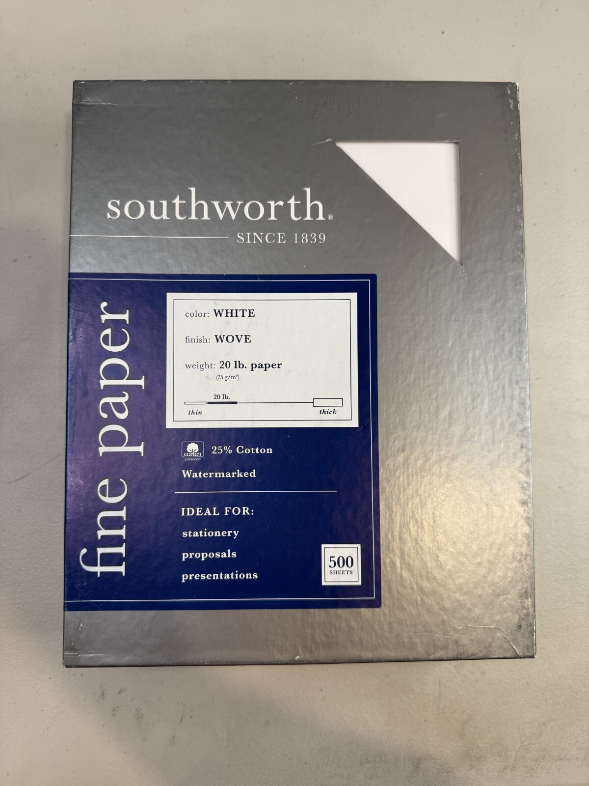 Southworth 25% Cotton Business Paper White 24 lbs. Wove 8-1/2 x 11 500/Box FSC