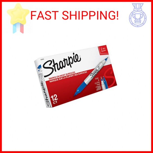 Sharpie Twin Tip Permanent Markers, Fine and Ultra Fine, Blue, 12 Count