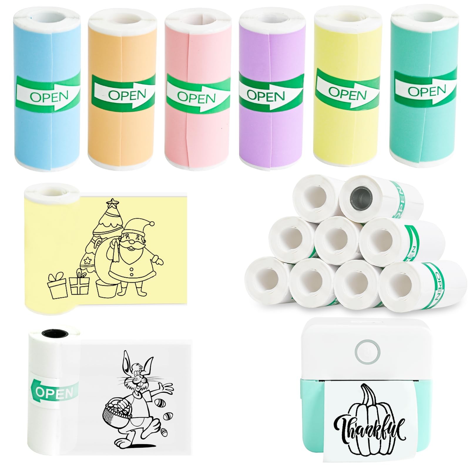 Mini Printer Sticker Paper 16 Rolls 57x25mm – 7 Colored, 8 White, 1 Transparent