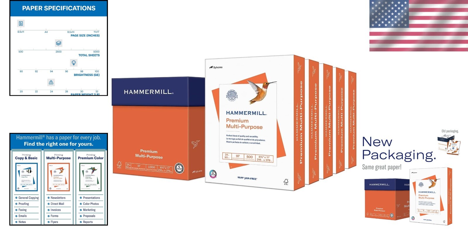 Multipurpose Printer Paper, 24 lb, 5 Reams of 2500 Sheets, ColorLok Technology