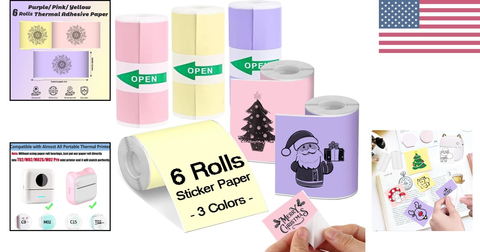 6 Rolls Colored Thermal Printer Paper – Self-Adhesive for DIY Crafts & Labeling