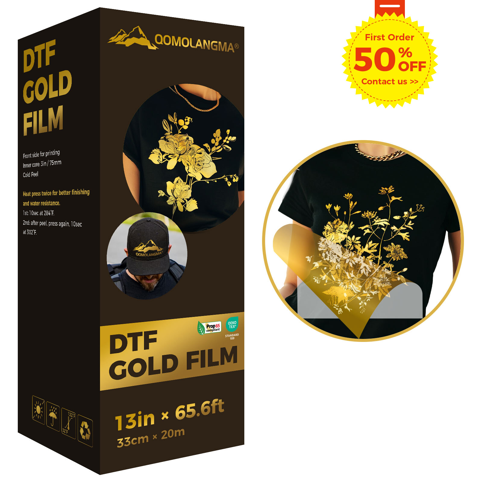 QOMOLANGMA 13in x 65.6ft DTF Gold/Silver Foil Film Roll,Cold Peel US Stock