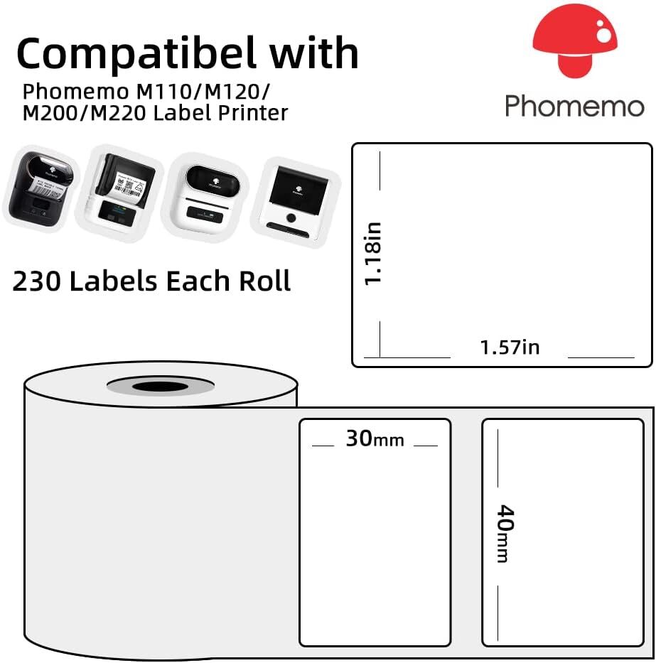 3 Rolls Phomemo M110/M200 Self-Adhesive Labels Sticker Thermal Paper 40x30mm
