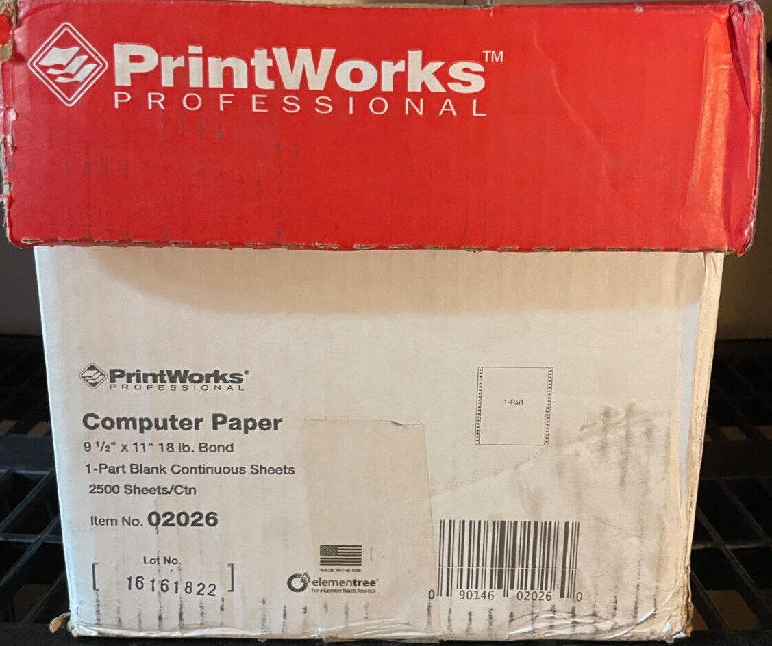 NEW IN BOX Printworks Professional Continuous Computer Paper 9.5×11″ 2500 Sheets