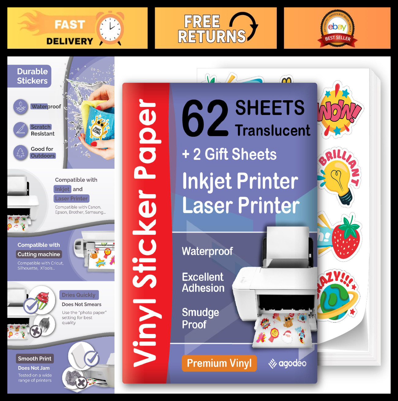Translucent Semi-Clear Sticker Paper 62 Sheets – Waterproof, Quick-Dry, 8.5×11