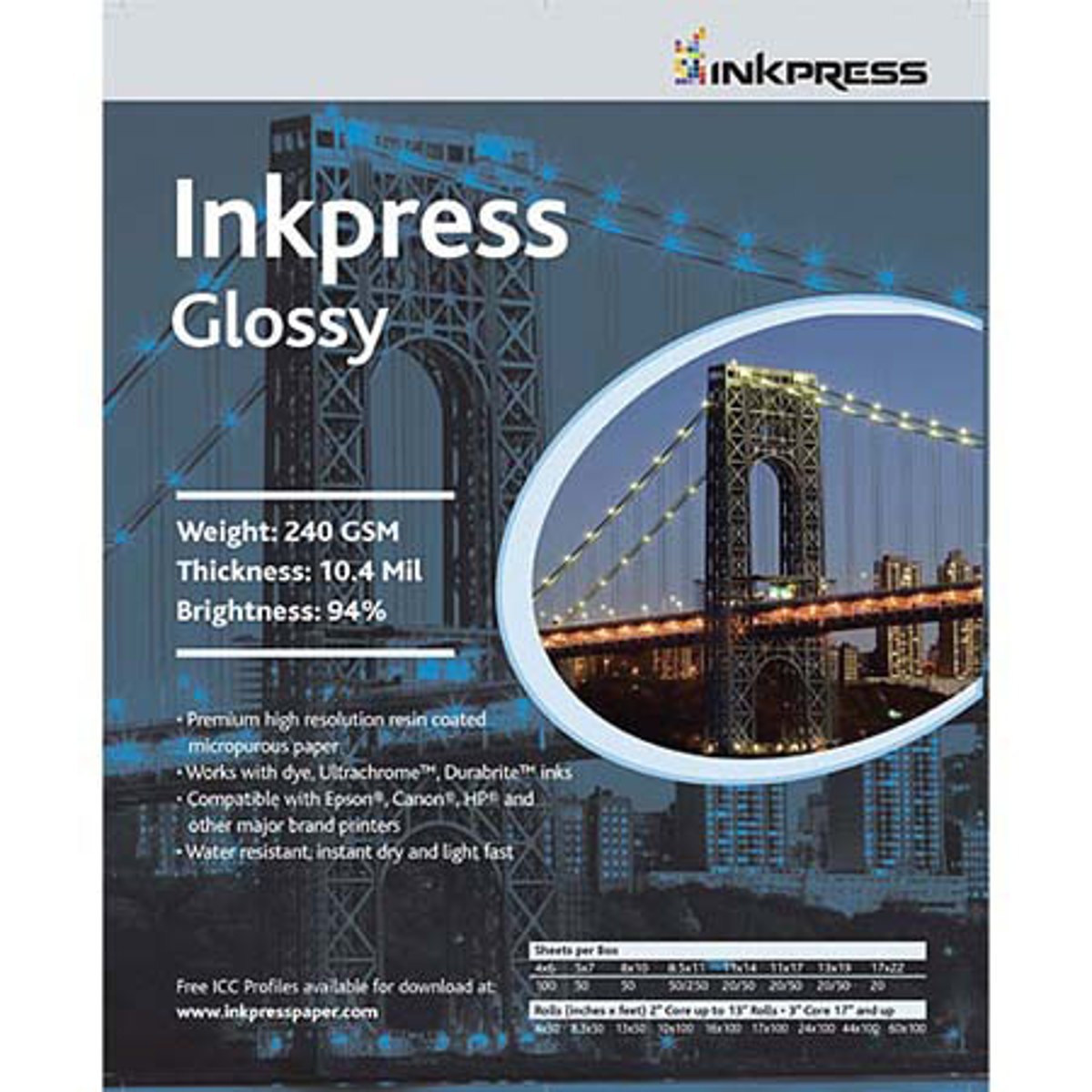 Inkpress Glossy Single Sided Gloss Surface Inkjet Paper, 240gsm, 10.4 mil., 8.5x