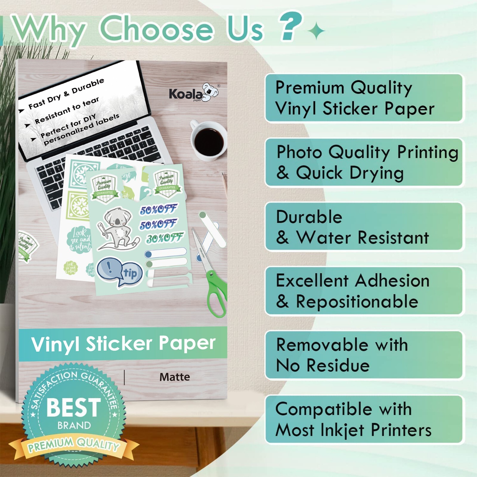Koala Printable Vinyl Sticker Paper 13×19 Waterproof Matte Inkjet Laser 30PK