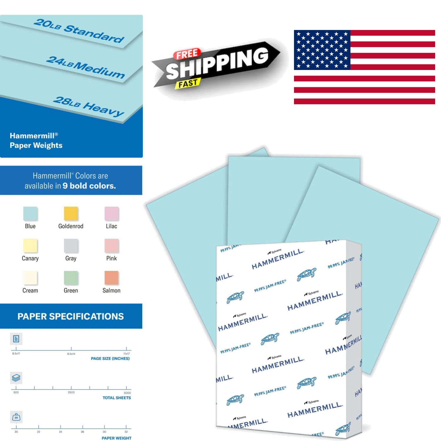 Dependable Blue Copy Paper 20lb 8.5 x 11 Inch 500 Sheets Jam Free Guarantee