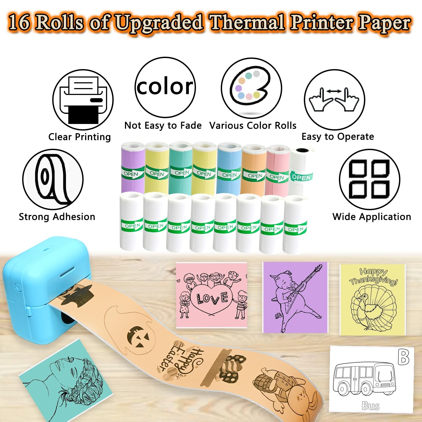 Mini Printer Sticker Paper 16 Rolls 57x25mm – 7 Colored, 8 White, 1 Transparent