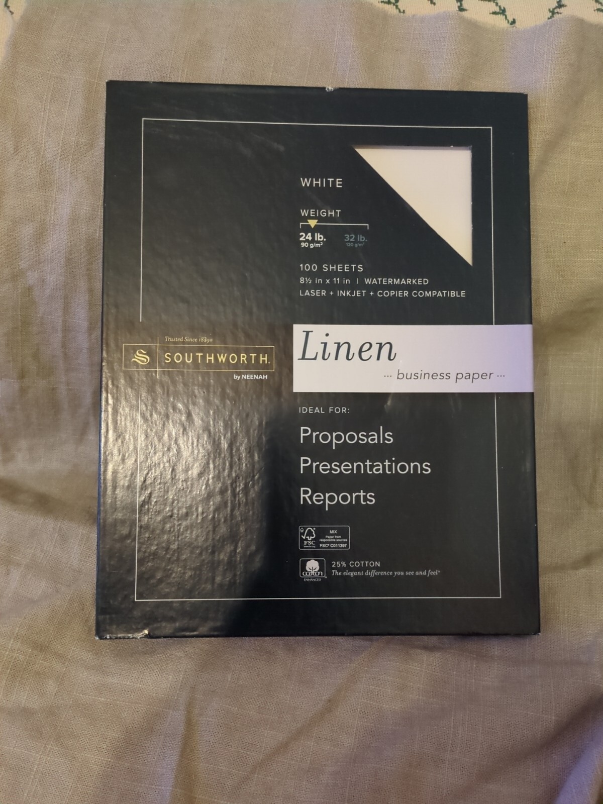 Southworth Fine Business Paper White Linin 100 Sheet 24lb Watermarked 25% Cotton