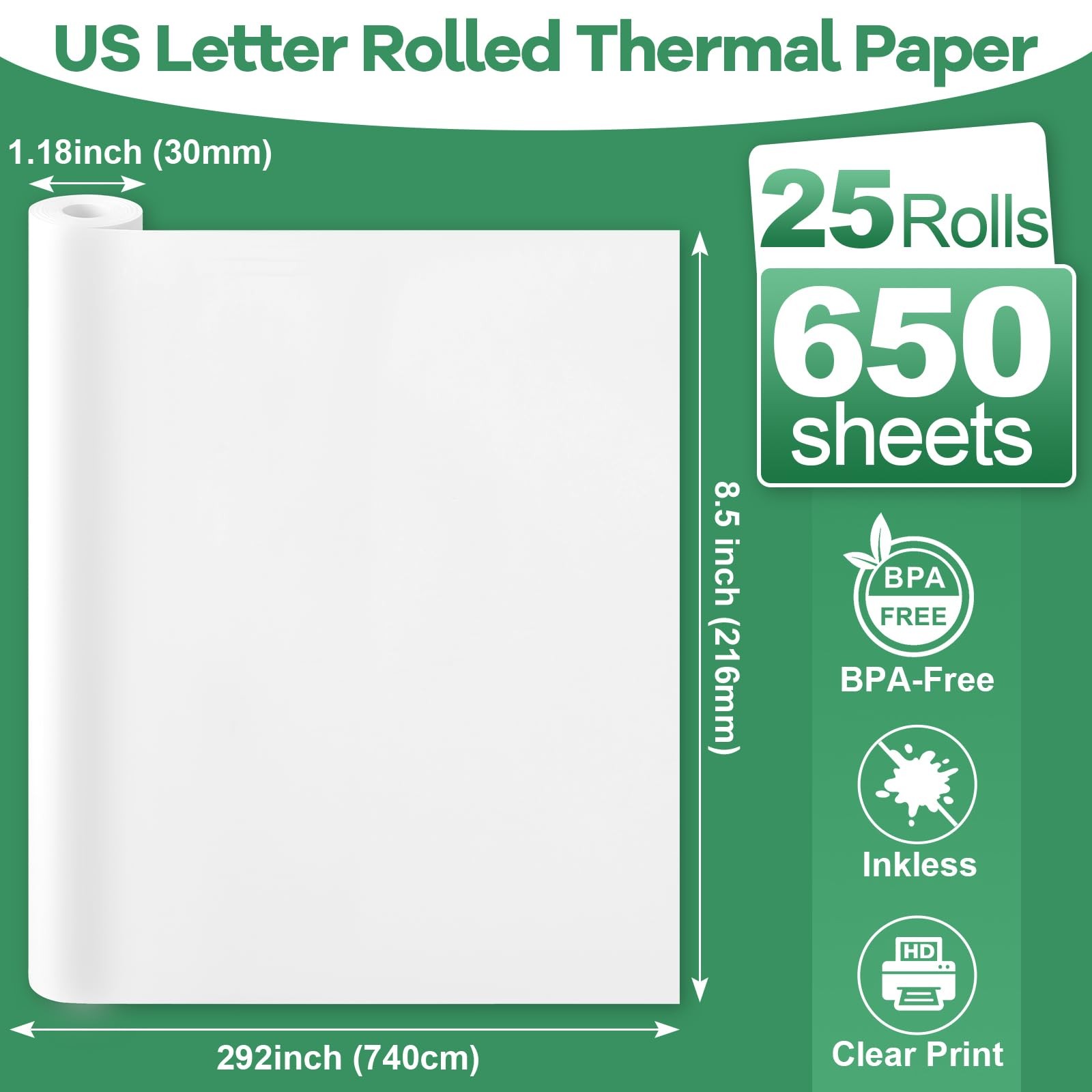 TUXIYA 25 Rolls Thermal Printer Paper 8.5″x11″ US Letter 25 Rolls, white