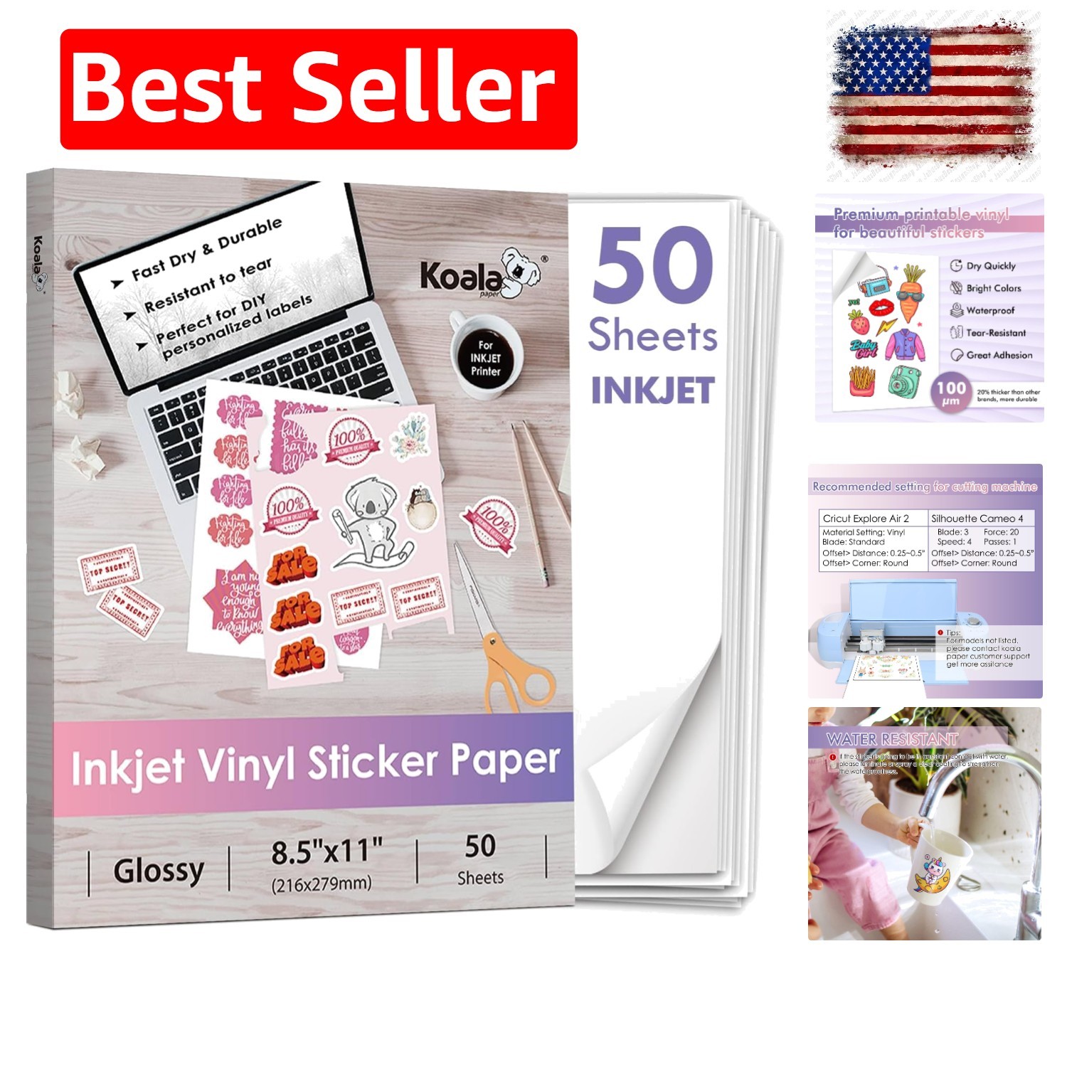 Koala Inkjet Printable Vinyl Sticker Paper for Inkjet Printer – 50 Sheets Whi…
