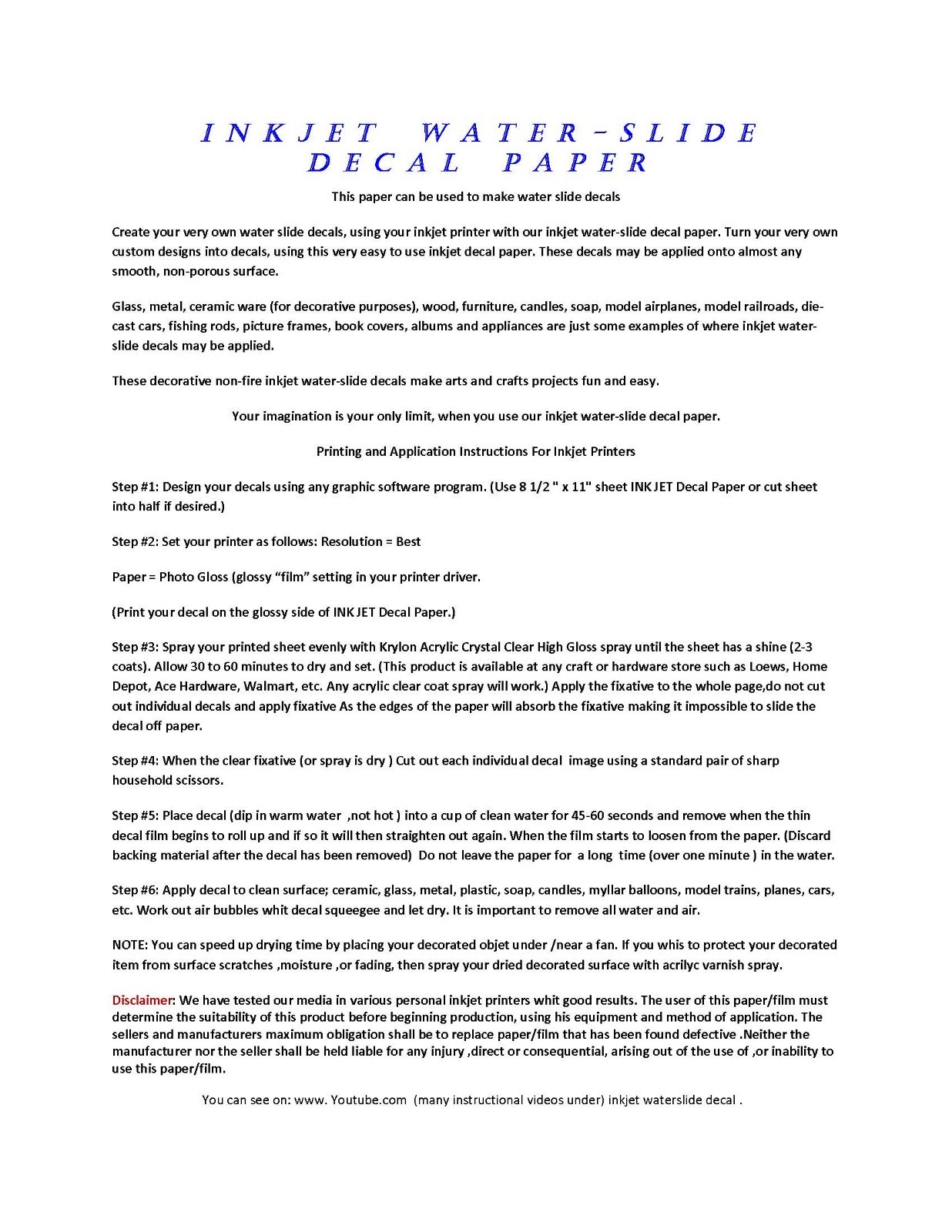 INKJET CLEAR Waterslide Model, Ceramic, Decal Paper 10 sheets 8.5×11 #1