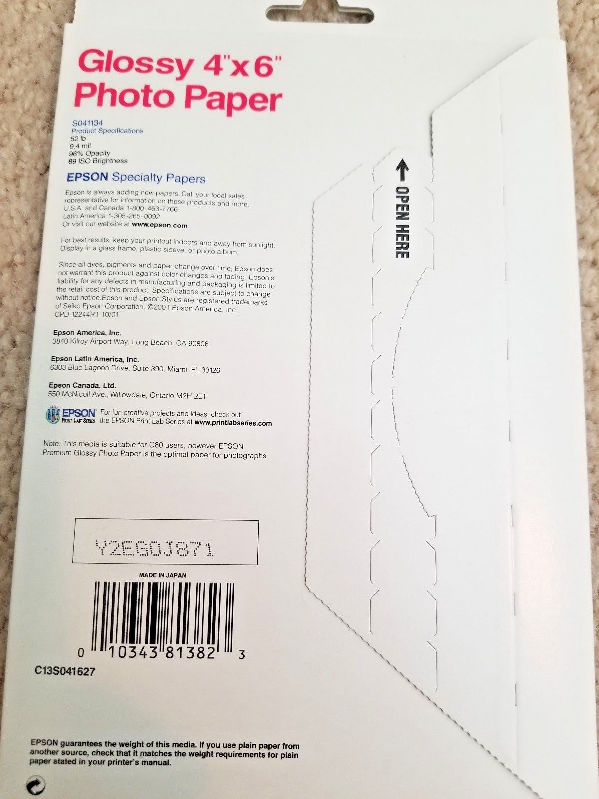 NEW SEALED Epson Glossy Photo Paper 4″ x 6″ S041134 20 Sheets