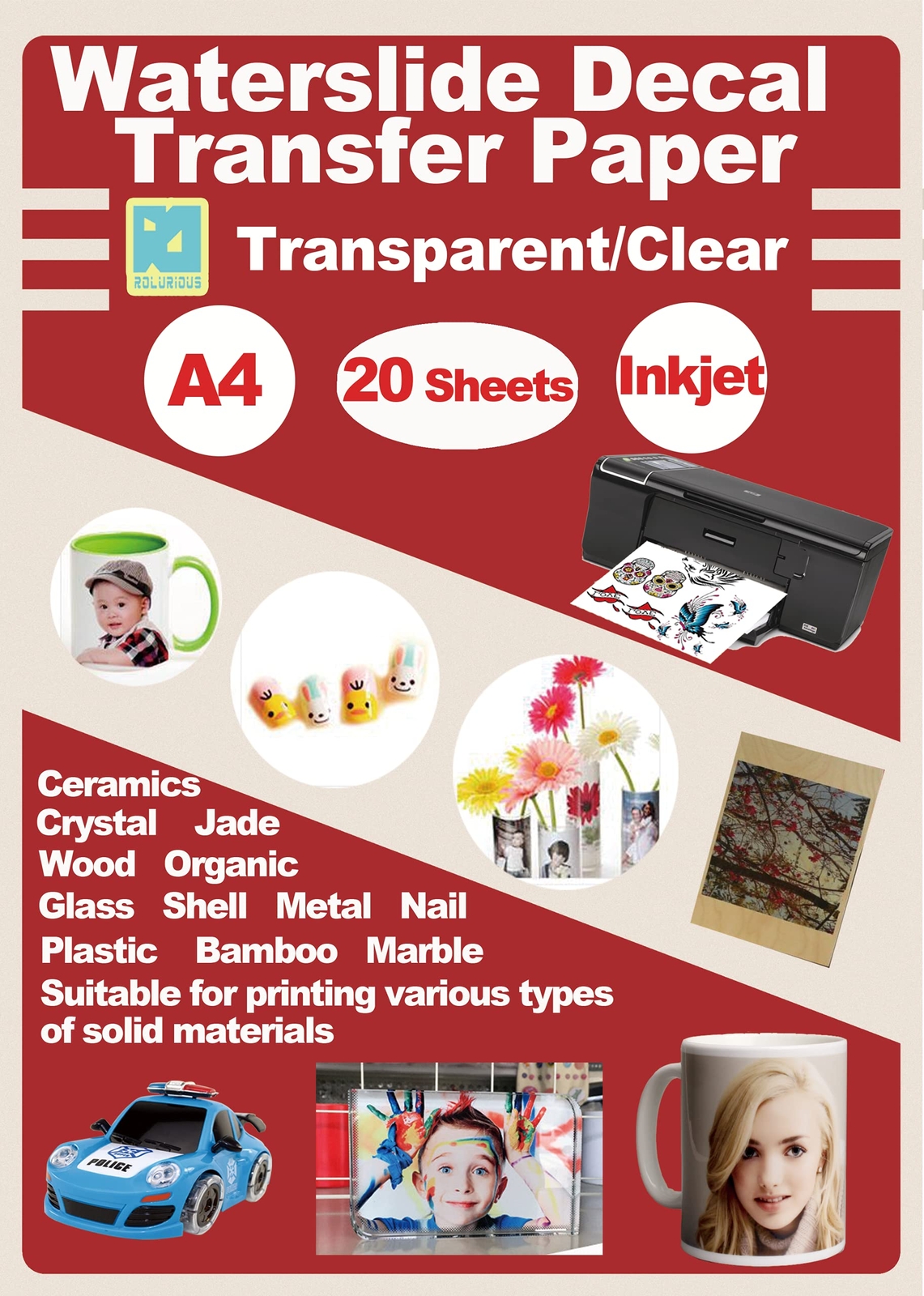 Rolurious 20 Sheets Inkjet Clear Printable Waterslide Decal Paper A4 Size Tra…