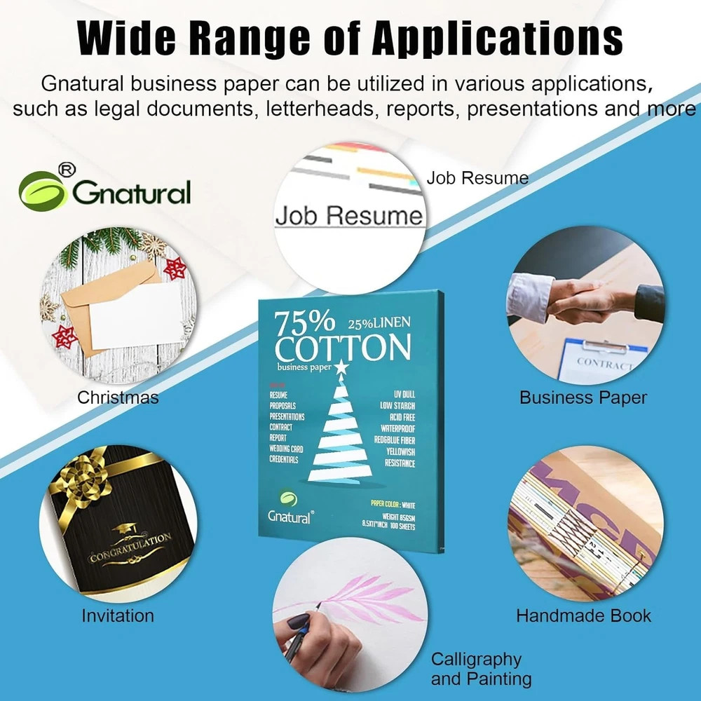 75% Cotton 25% Linen Business Paper, 85gsm 8.5”×11” Inkjet Printer Paper, Waterp