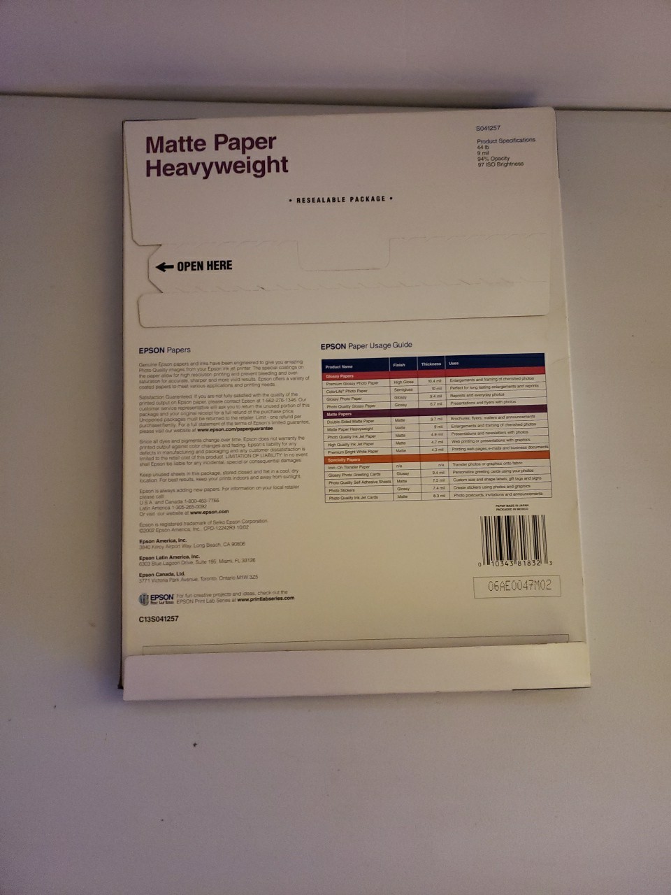 Lot Of 2 Epson Matte Heavyweight Photo Paper S041257 8.5 x 11 50 sheets Per Box