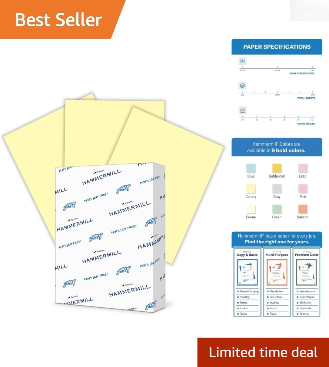 500 Sheets of 20 lb Canary Yellow Copy Paper, Brightness & Smooth Finish