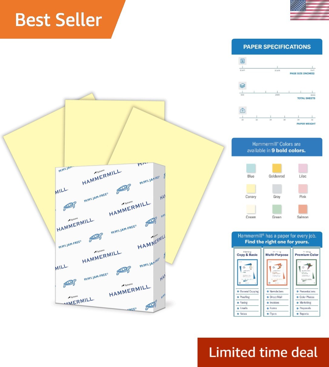 JAM-FREE 20 lb Canary Yellow Colored Paper – 500 Sheets, Sustainable & Bright