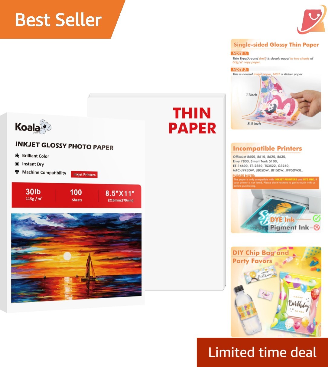 Glossy Inkjet Paper 8.5×11 Inches 100 Sheets for Photos Crafts Printing