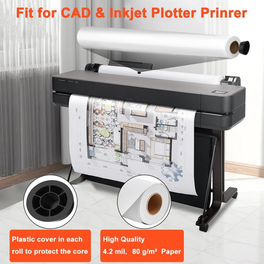 24″x150′ 36″x150′ 20lb Bond Plotter Paper for Wide Format Inkjet Printers 2″Core