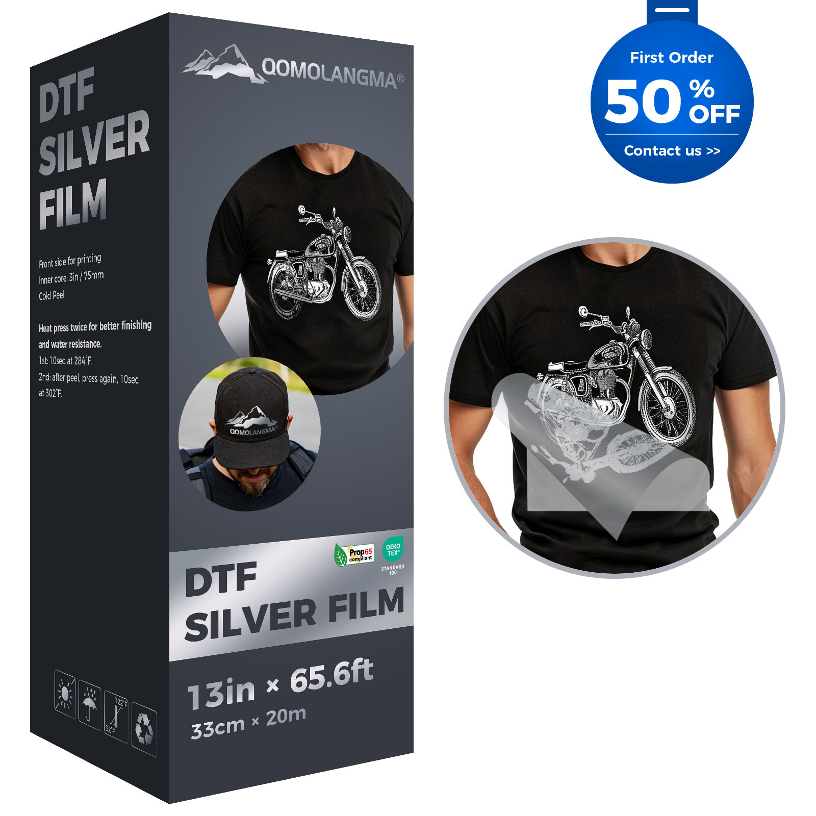 QOMOLANGMA 13in x 65.6ft DTF Gold / Silver Foil Film Roll,Cold Peel