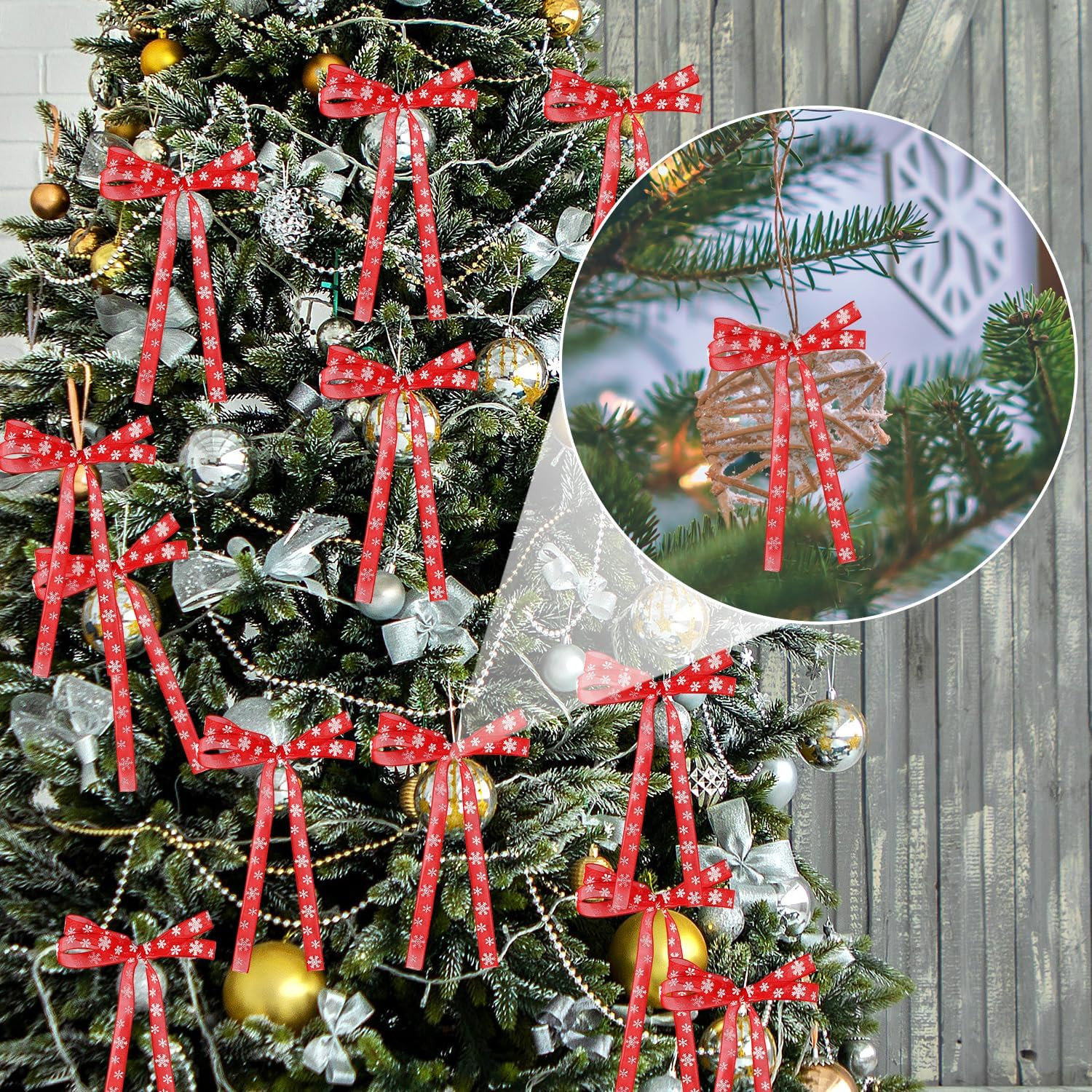 Snowflake Ribbon, Polyester Fibre Thin Christmas Ribbon Red White Snow Christmas