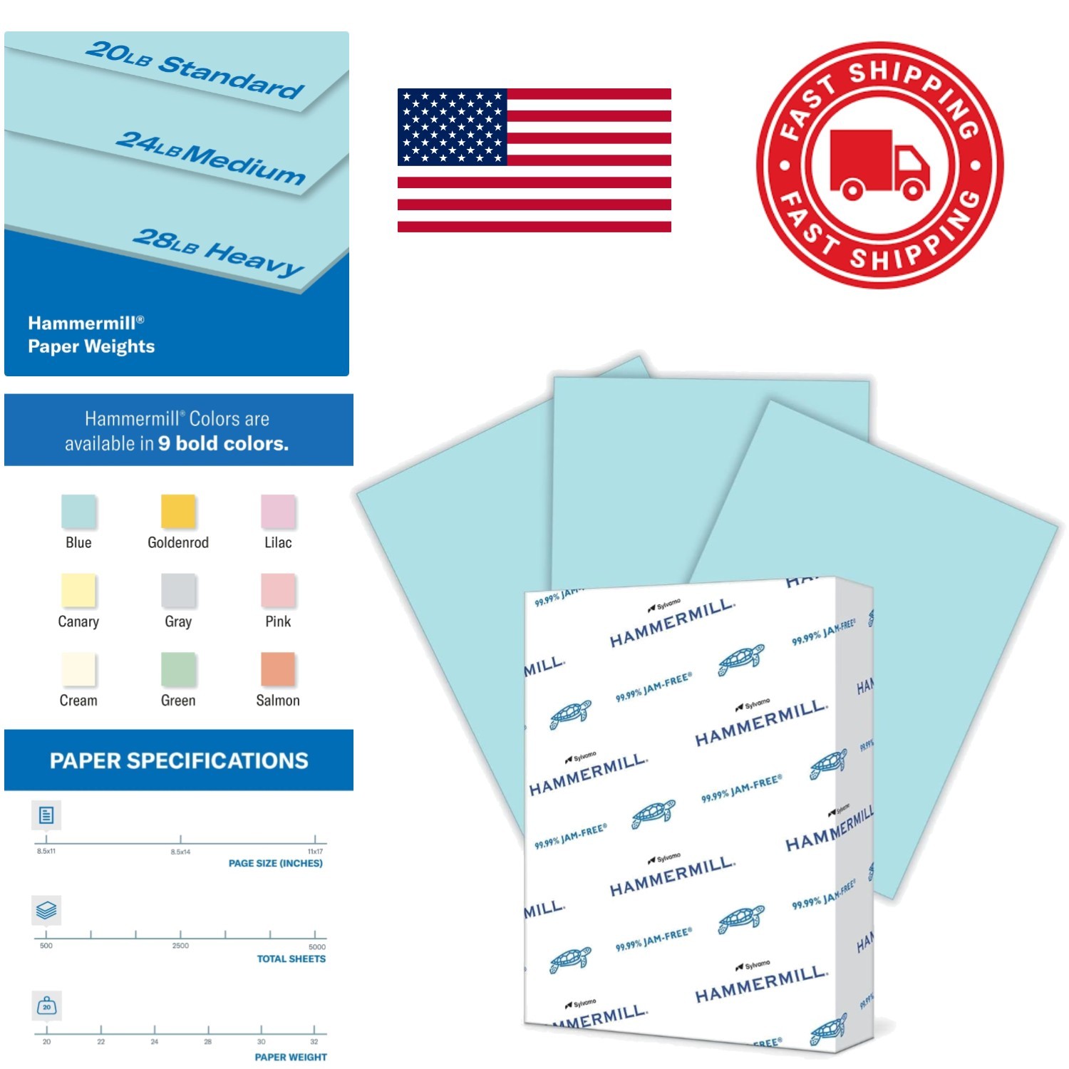 High Opacity Blue Copy Paper 20lb 500 Sheets 8.5×11 Inches Minimal Show Through