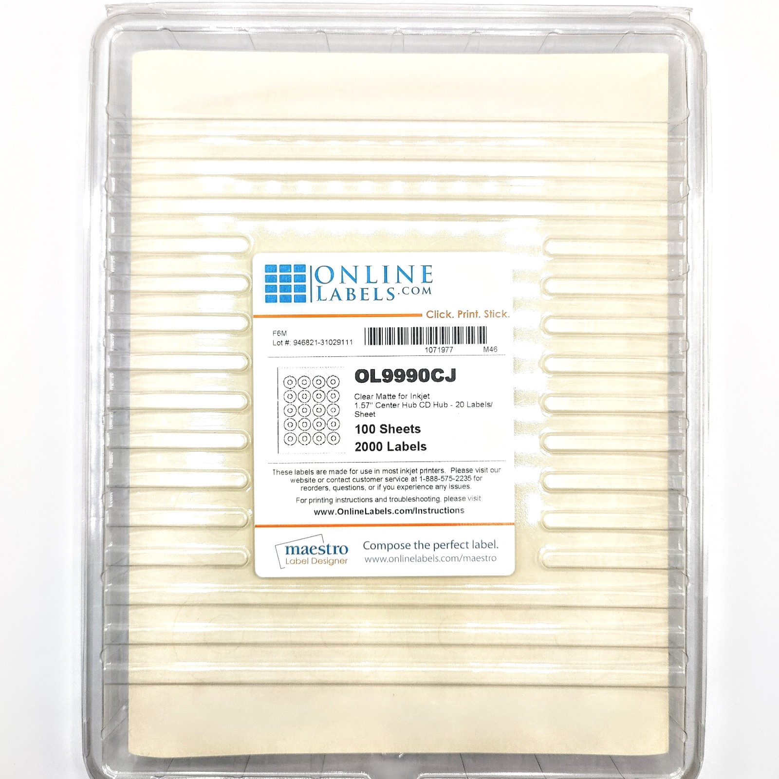 2000-Pak Clear Frosted Hub Labels CD/DVD Semi-Transparent – 100 sheets, 20/sheet