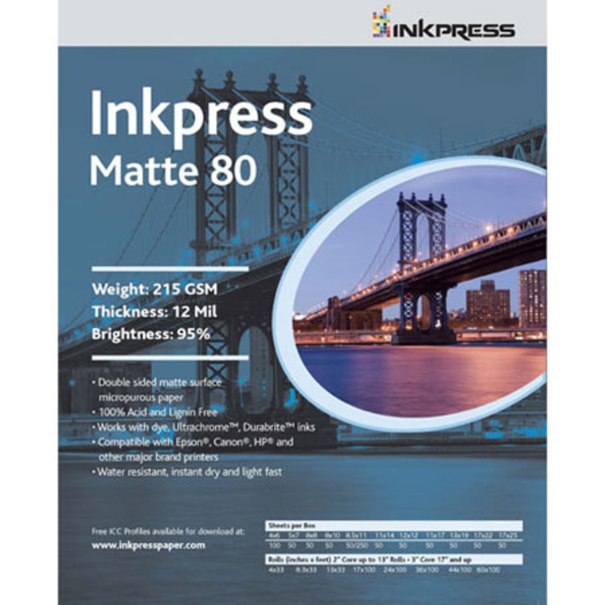 Inkpress Duo Matte 80 Inkjet Paper, 215 gsm Weight, 12 mil Thickness, 95% Bright