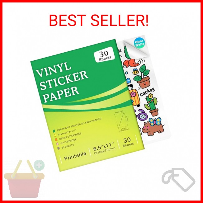 Aevdor 30 Sheets Premium Printable Vinyl Sticker Paper for Inkjet Printer, Gloss