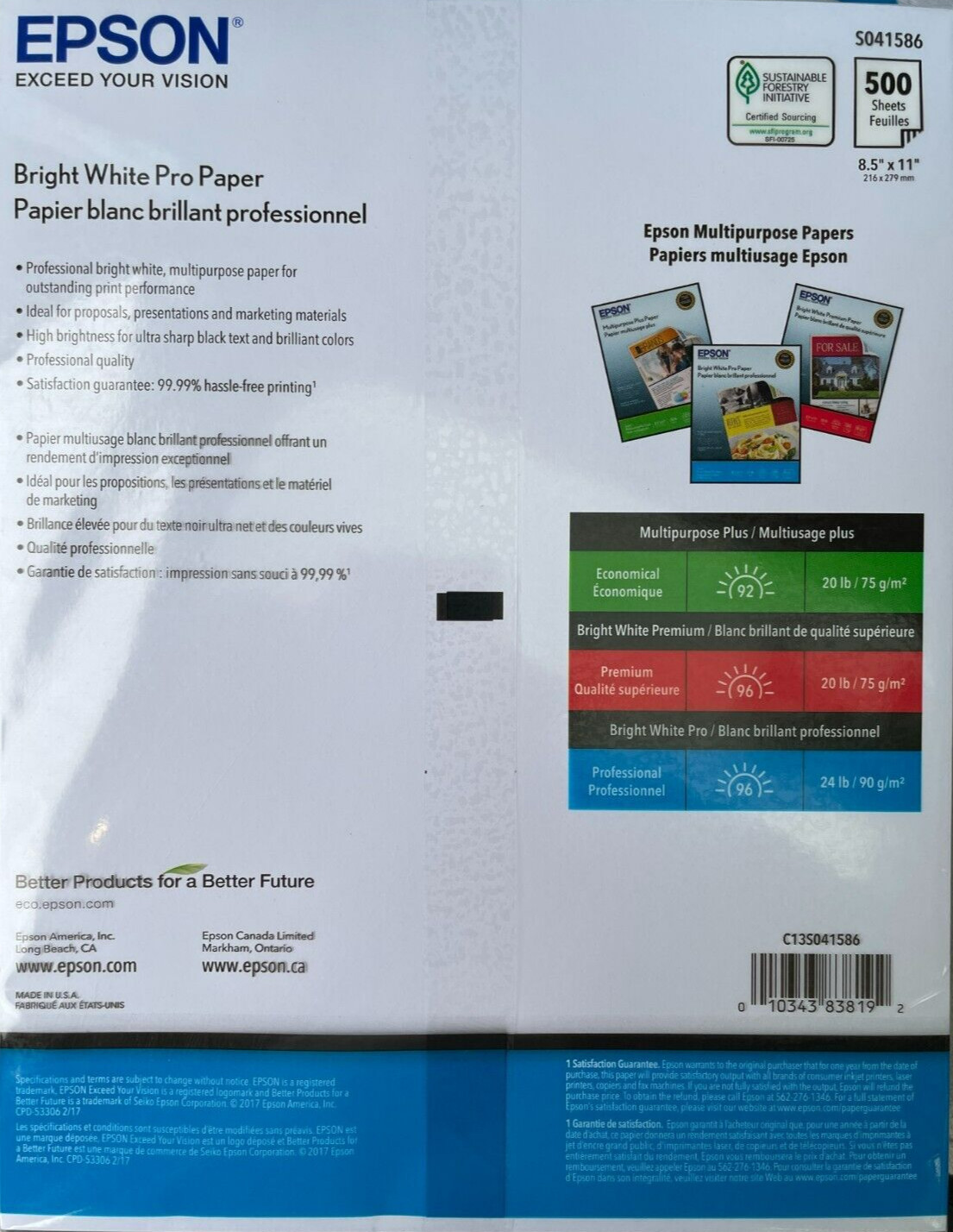 EPSON – S041586 – 8.5″ x 11″ White 96 Brightness Printer Paper – 500 sheets