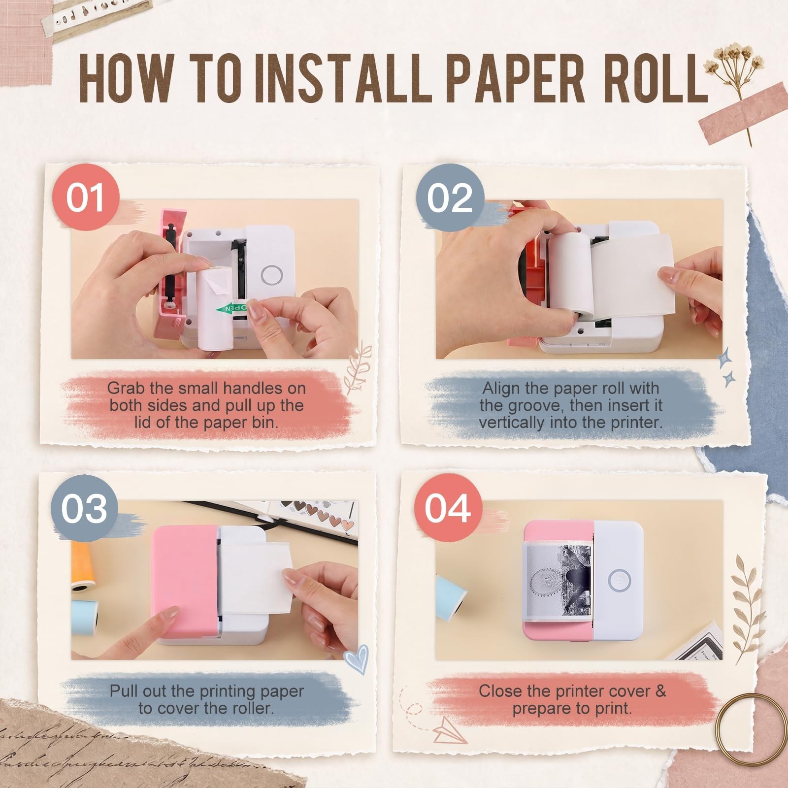 Mini Pocket Printer – Inkless Sticker Printer with 10 Thermal Rolls, DIY Gift Se