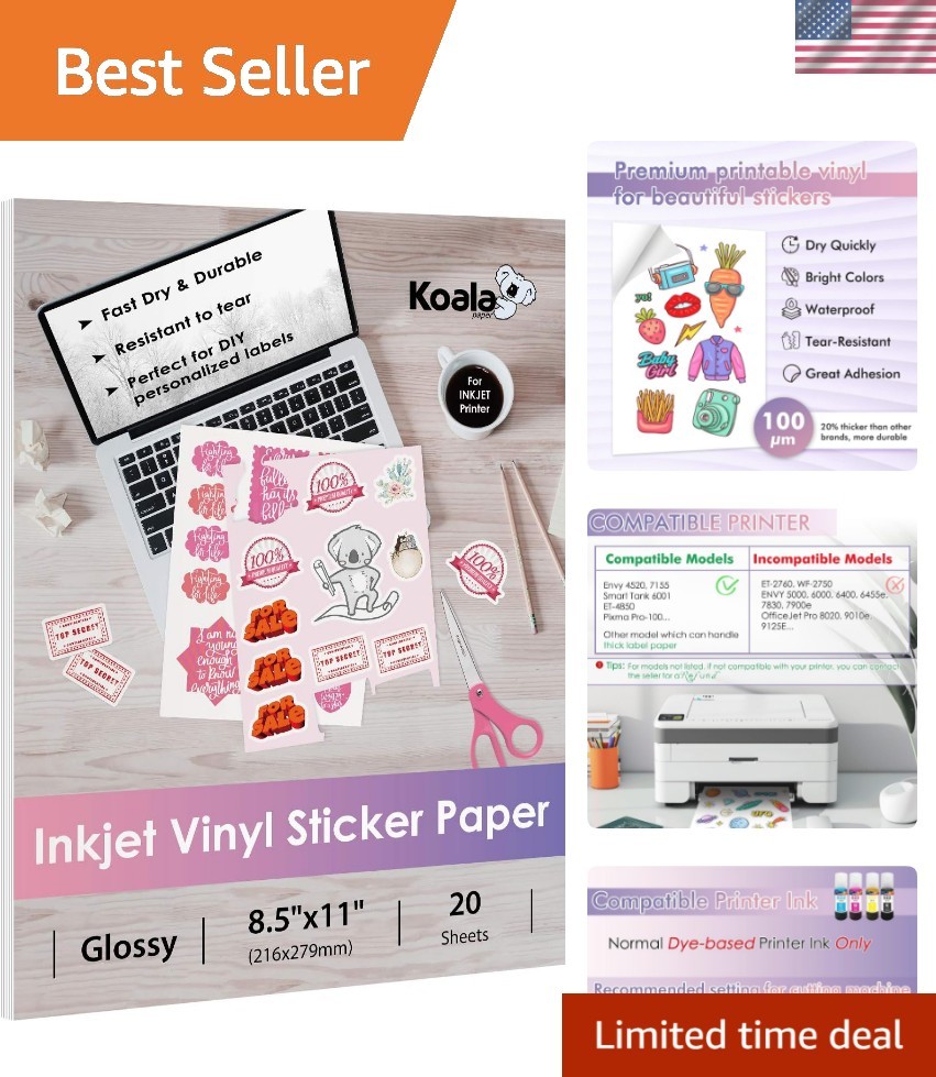 Koala Printable Vinyl Sticker Paper for Inkjet Printers – 20 Sheets Glossy Wh…