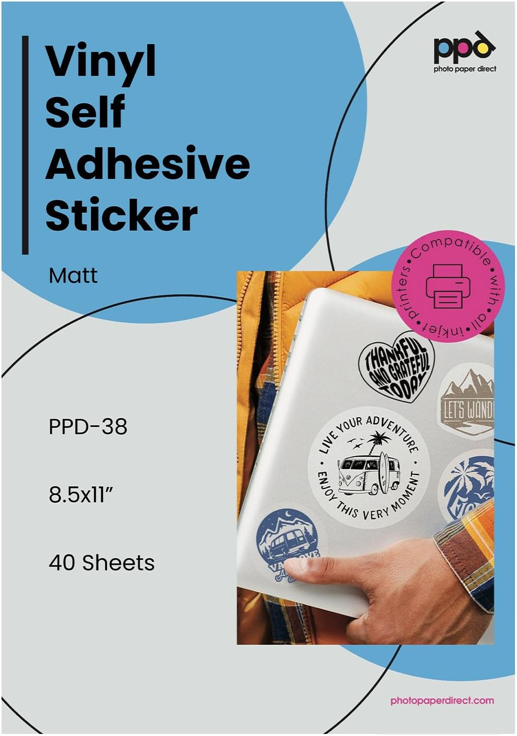 PPD Premium Printable Vinyl Sticker Paper for Inkjet Printer – 40 Sheets Matt St