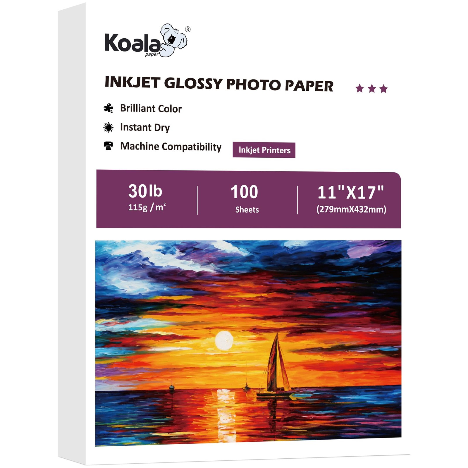 Koala Thin Glossy Inkjet Photo Paper 30 LB 115 GSM 11×17 Inch 100 Sheets